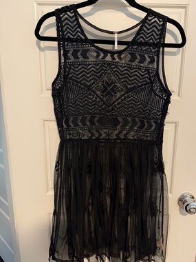 Free People Black Sleeveless Mesh Embroidered Dress